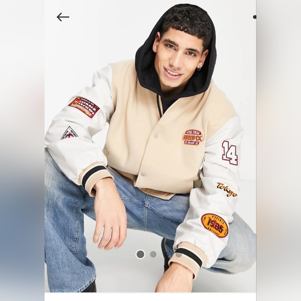 ASOS DESIGN Oversized Varsity Bomber Jacket In Stone